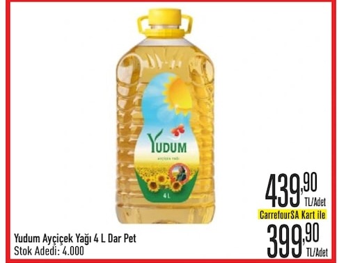 Yudum Ayçiçek Yağı 4 L Dar Pet