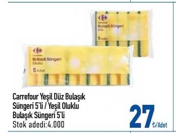 Carrefour Yeşil Düz Bulaşık Süngeri 5'Li / Yeşil Oluklu Bulaşık Süngeri 5'Li