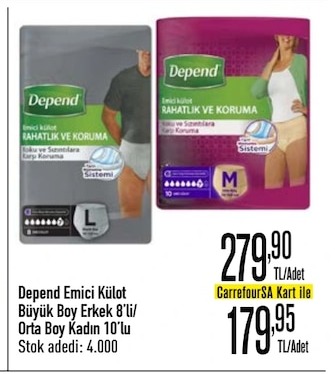 Depend Emici Külot Büyük Boy Erkek 8'Li / Orta Boy Kadın 10'Lu