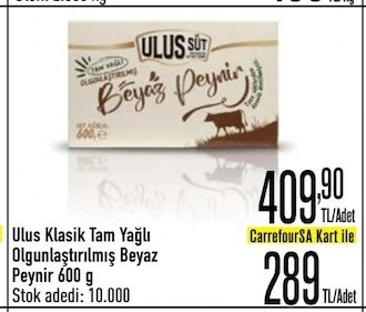 Ulus Klasik Tam Yağlı Olgunlaştırılmış Beyaz Peynir 600 G