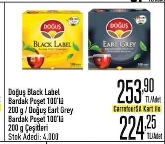 Doğuş Black Label Bardak Poşet 100'Lü 200 G / Doğuş Earl Grey Bardak Poşet 100'Lü 200 G Çeşitleri