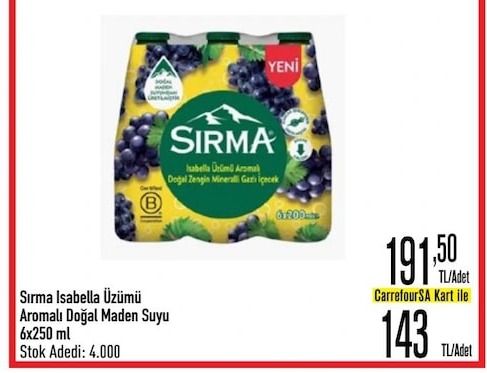 Sirma Isabella Üzümü Aromalı Doğal Maden Suyu 6X250 Ml