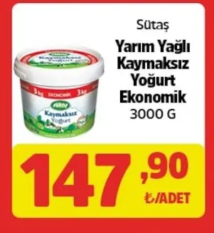 Sütaş Yarım Yağlı Kaymaksız Yoğurt Ekonomik 3000 G