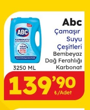 Abc Çamaşır Suyu Çeşitleri Bembeyaz, Dağ Ferahlığı, Karbonat 3250 Ml