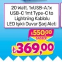 20 Watt 1Xusb-A 1X Usb-C 1Mt Type-C To Lightning Kablolu Led Işıklı Duvar Şarj Aleti