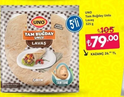 Uno Tam Buğday Unlu Lavaş 325 G