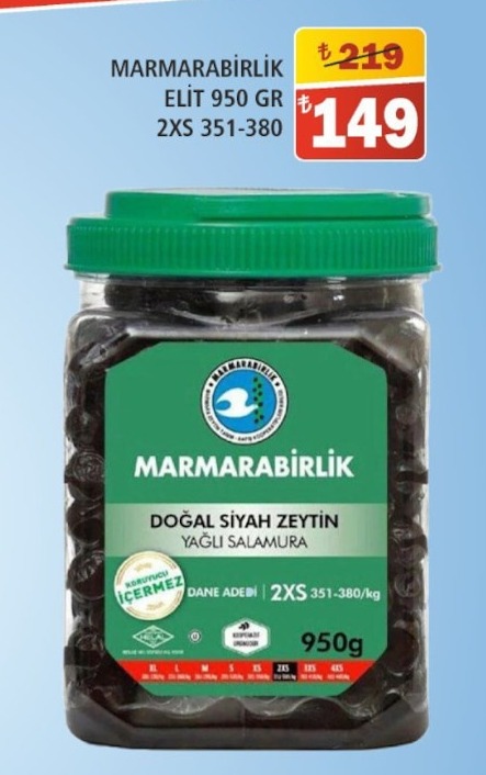 Marmarabirlik Elit Doğal Siyah Zeytin 950 Gr 2Xs 351-380