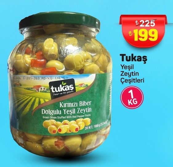 Tukaş Yeşil Zeytin Çeşitleri Kırmızı Biber Dolgulu Yeşil Zeytin 1Kg