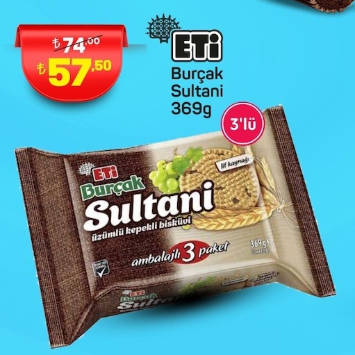 Eti Burçak Sultani Üzümlü Kepekli Bisküvi 3Lü Paket 369G