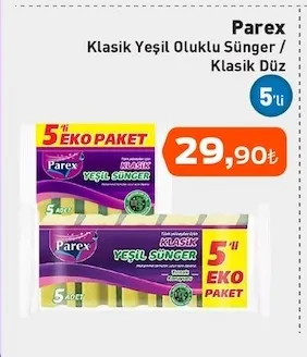 Parex Klasik Yeşil Oluklu Sünger / Klasik Düz 5'Li