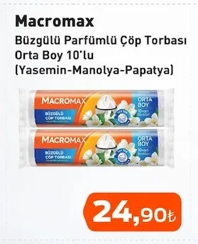 Macromax Büzgülü Parfümlü Çöp Torbası Orta Boy 10'Lu (Yasemin-Manolya-Papatya)
