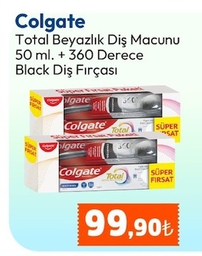 Colgate Total Beyazlık Diş Macunu 50 Ml. + 360 Derece Black Diş Fırçası