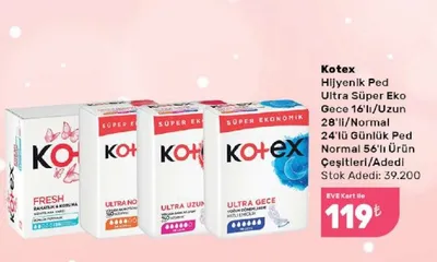 Kotex Hijyenik Ped Ultra Süper Eko Gece 16'Lı/Uzun 28'Li/Normal 24'Lü Günlük Ped Normal 56'Lı