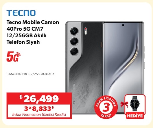 Tecno Mobile Camon 40Pro 5G Cm7 12/256Gb Akıllı Telefon Siyah