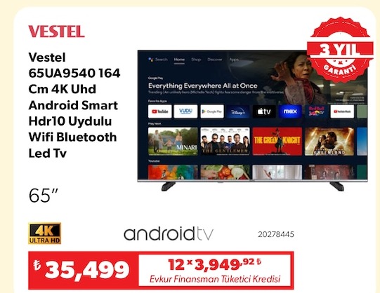 Vestel 65Ua9540 164 Cm 4K Uhd Android Smart Hdr10 Uydulu Wifi Bluetooth Led Tv