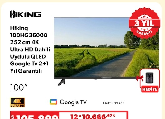 Hıking 100Hg26000 252 Cm 4K Ultra Hd Dahili Uydulu Qled Google Tv 2+1 Yıl Garantili 100"