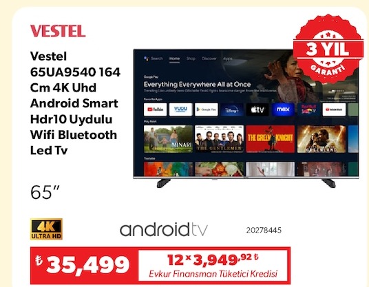 Vestel 65Ua9540 164 Cm 4K Uhd Android Smart Hdr10 Uydulu Wifi Bluetooth Led Tv