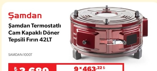 Şamdan Termostatlı Cam Kapaklı Döner Tepsili Fırın 42Lt