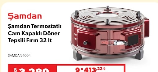 Şamdan Termostatlı Cam Kapaklı Döner Tepsili Fırın 32 Lt