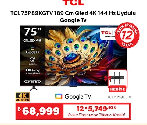 Tcl 75P89Kgtv 189 Cm Qled 4K 144 Hz Uydulu Google Tv