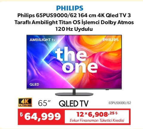Philips 65Pus9000/62 164 Cm 4K Qled Tv 3 Taraflı Ambilight Titan Os Işlemci Dolby Atmos 120 Hz Uydulu