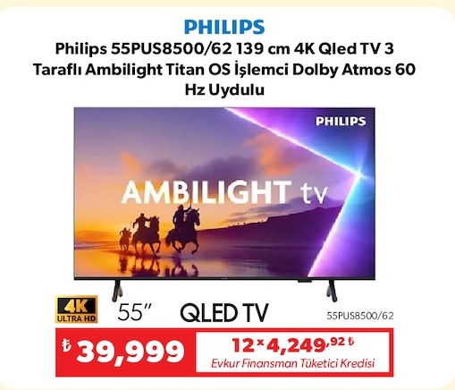 Philips 55Pus8500/62 139 Cm 4K Qled Tv 3 Taraflı Ambilight Titan Os Işlemci Dolby Atmos 60 Hz Uydulu