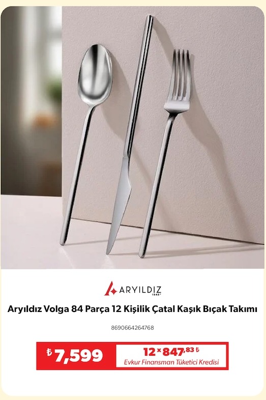 Aryıldız Volga 84 Parça 12 Kişilik Çatal Kaşık Bıçak Takımı