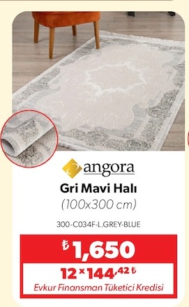Angora Gri Mavi Halı 100X300 Cm