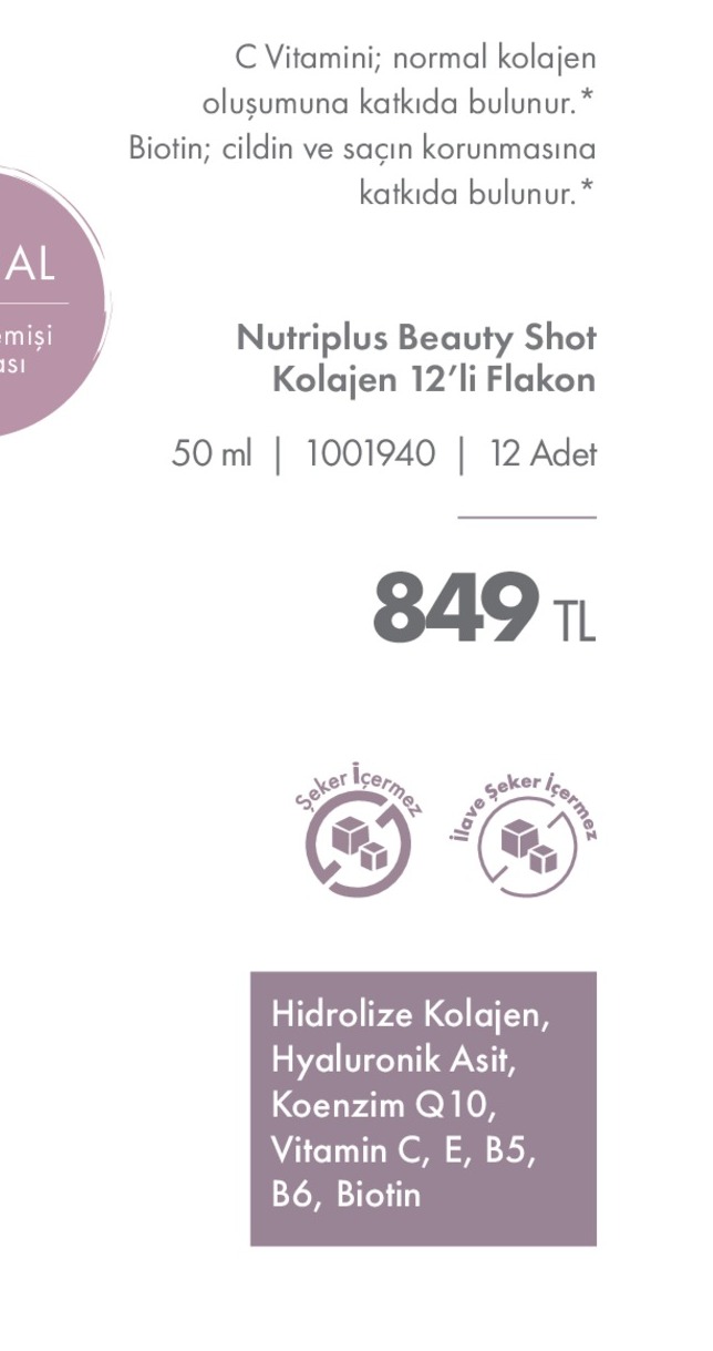 Nutriplus Beauty Shot Kolajen 12'Li Flakon 50 Ml