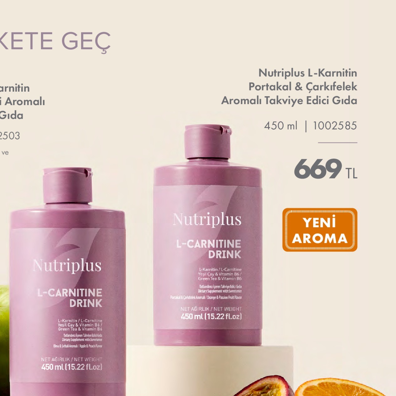 Nutriplus L-Karnitin Portakal & Çarkıfelek Aromalı Takviye Edici Gıda 450 Ml