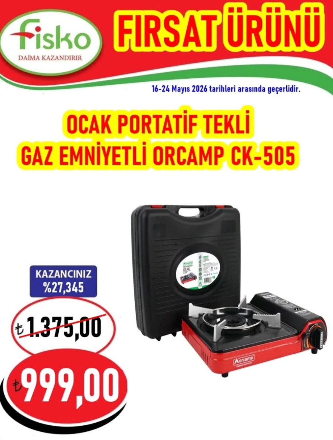 Ocak Portatif Tekli Gaz Emniyetli Orcamp Ck-505
