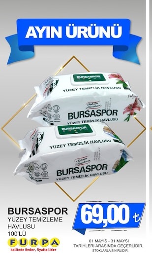 Bursaspor Yüz Yüze Temizleme Havlusu 100'Lü