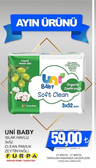 Uni Baby Islak Havlu 3X52 Clean Pamuk Zeytinyağlı