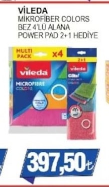 Vileda Mikrofiber Colors Bez 4'Lü Alana Power Pad 2+1 Hediye