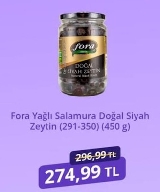 Fora Yağlı Salamura Doğal Siyah Zeytin (291-350) (450 G)