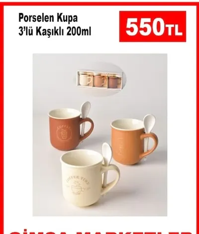 Porselen Kupa 3'Lü Kaşıklı 200Ml