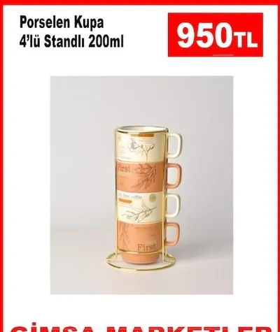 Porselen Kupa 4'Lü Standlı 200Ml