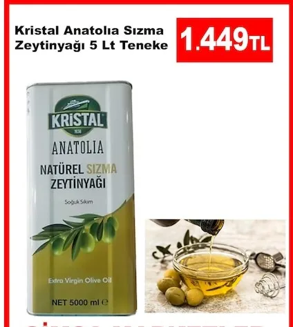 Kristal Anatolia Sızma Zeytinyağı 5 Lt Teneke