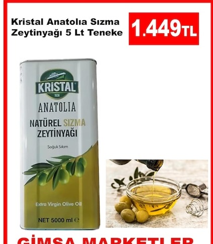 Kristal Anatolia Sızma Zeytinyağı 5 Lt Teneke