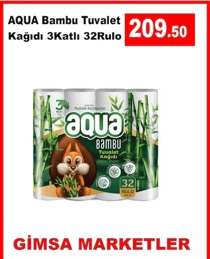 Aqua Bambu Tuvalet Kağıdı 3 Katlı 32 Rulo