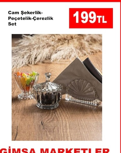 Cam Şekerlik Peçetelik Çerezlik Set