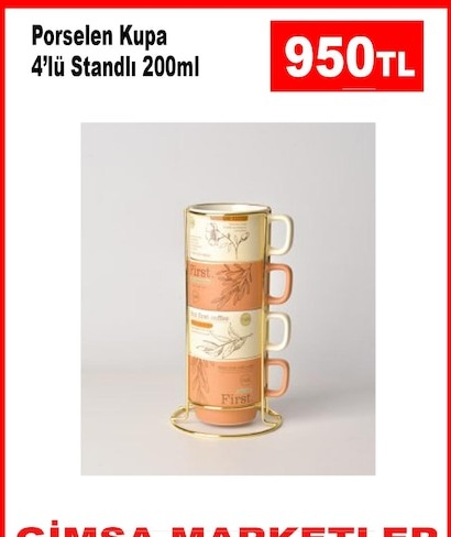Porselen Kupa 4'Lü Standli 200Ml