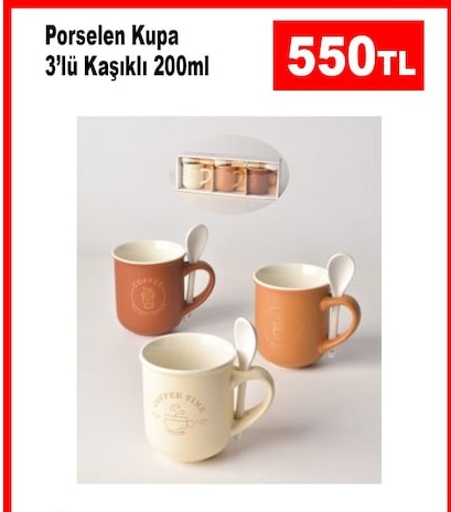 Porselen Kupa 3'Lü Kaşıklı 200Ml