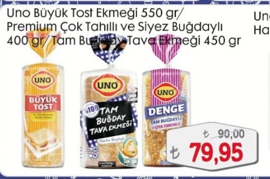 Uno Büyük Tost Ekmeği 550G / Premium Çok Tahıllı Ve Siyz Buğdaylı 400G / Tam Buğday Tava Ekmeği 450G