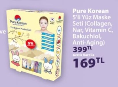 Pure Korean 5'Li Yüz Maske Seti (Collagen, Nar, Vitamin C, Bakuchiol, Anti-Aging)
