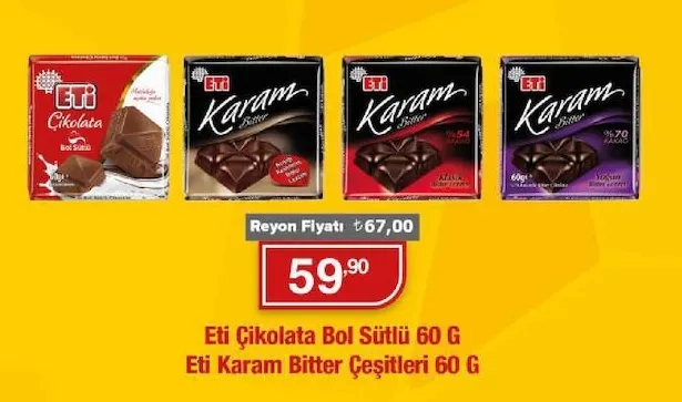 Eti Çikolata Bol Sütlü 60 G Eti Karam Bitter Çeşitleri 60 G