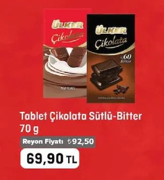 Ülker Tablet Çikolata Sütlü-Bitter 70 G
