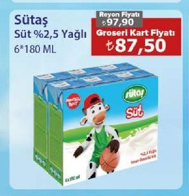 Sütaş Süt %2,5 Yağlı 6*180 Ml