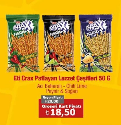 Eti Crax Patlayan Lezzet Çeşitleri 50 G
Acı Baharah - Chili Lime
Peynir & Soğan
