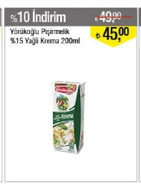 Yörükoğlu Pişirmeklik %15 Yağlı Krema 200Ml